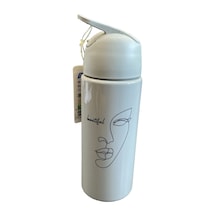Beyaz Termos Su Şişesi Beautiful Yüz Desenli Paslanmaz Çelik Vakumlu Matara 350ml Açık Beyaz