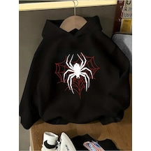 Kışlık Kapüşonlu Sweatshirt, Çocuk Örümcek Ağ Kalpli Baskılı SiYAH