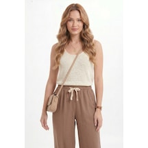 Tudors Kadın %100 Pamuk Baggy Fit Rahat Kesim Lastikli Bel Müslin Kumaş Cepli Bej Pantolon-51093
