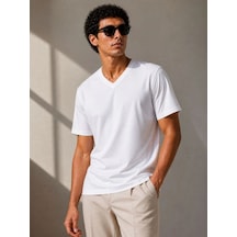 Erkek V Yaka Basic Tişört Kısa Kol Yazlık Regular Fit T-shirt - Beyaz