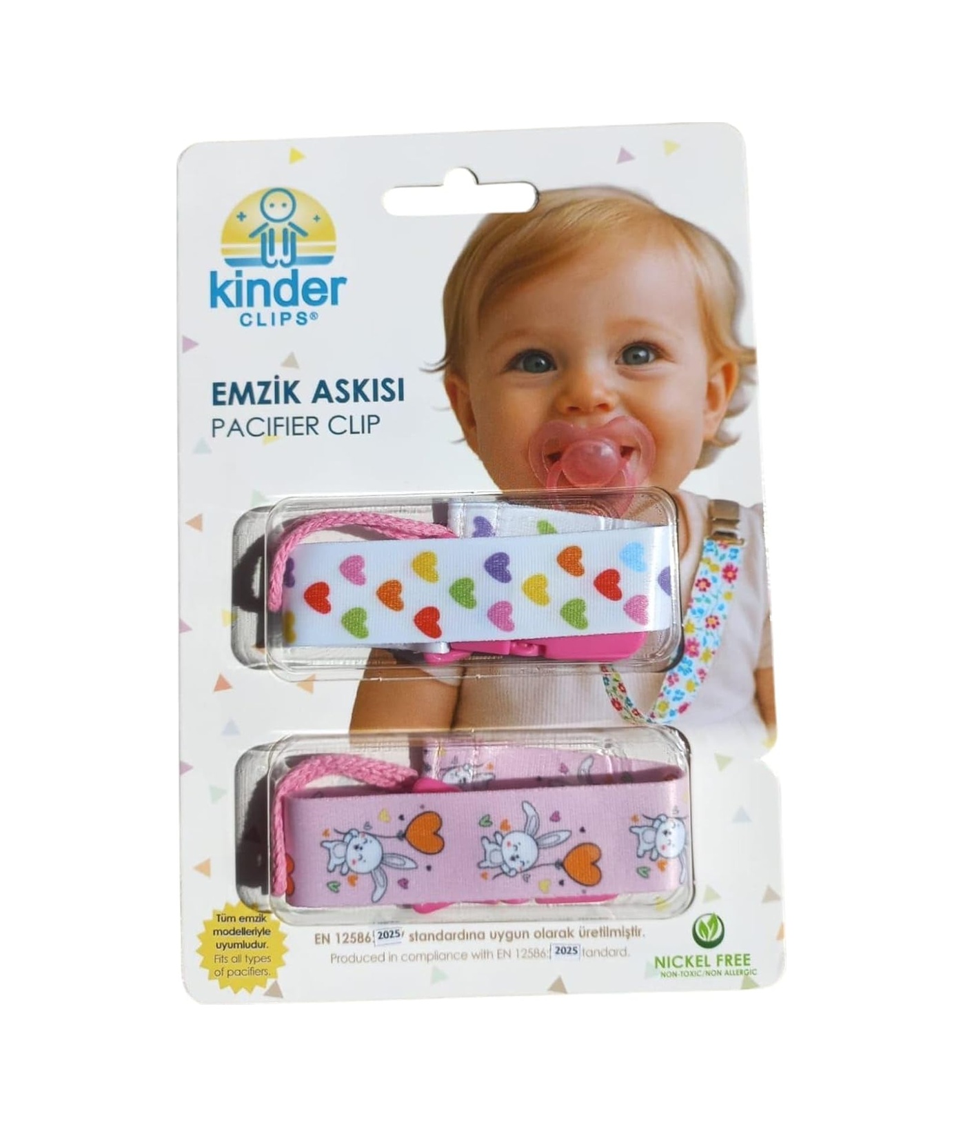 2'li Pembe Tavşan Ve Renkli Kalp Desenli Plastik Klips Emzik Askısı Çok renkli