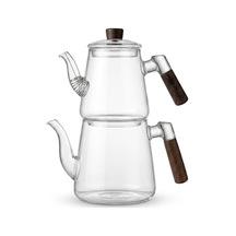 1000 Ml + 750 Ml Akasya Ahşap Kulplu Cam Çaydanlık Takımı - Isıya Dayanıklı Borosilikat Pürüzsüz Şeffaf Tasarım, Yaylı Süzgeçli Lüks Çaydanlık Çok Renkli