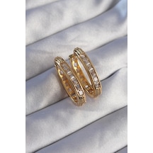 Pirinç Gold Renk Zirkon Taşlı Oval Model Küpe Altın