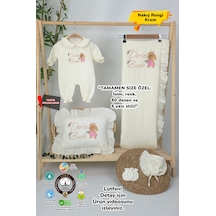 Gros Shop Müslin Yeni Doğan 4katlı Organik %100pamuk Kişiye Özgü Nakışlı Hastane Çıkış Seti Tavşan Model-3 Ekru