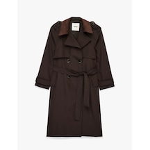 Koton Uzun Kollu Yakası Süet Görünümlü Kemerli Kruvaze Oversize Gabardin Trençkot Kahverengi 6sak00002pw Kahve