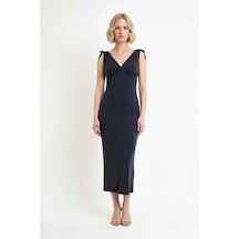 Benerly Kadın Kolsuz V Yaka Bodycon Maxi Elbise Modal Kumaş Bağlama Detay Antrasit