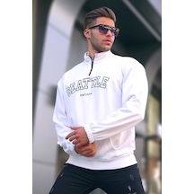Madmext Ekru Fermuar Yakalı Nakışlı Sweatshirt 6026 Ekru