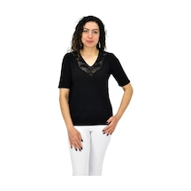Kadın Yarım Kol V Yaka Yaka Sırt Detaylı Triko Tişöt 12835 Bgl-st04657 Siyah