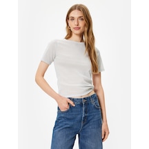 Koton Dokulu Kısa Kollu Tişört Bisiklet Yaka Slim Fit Gümüş 5wak50016uk Gümüş