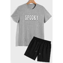 Uyguntarz Rahat Tasarım Spooky Şort T-shirt Eşofman Takımı Gri