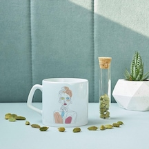Line Art Düşünen Kız Tasarımlı Porselen Kupa Bardak 7,5 Cm Yüksekliğine Ve 8 Cm Çapına Beyaz - Çok Renkli