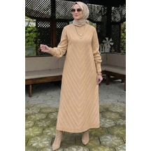 Rabia Şamlı Yağmur Triko Elbise Bej Normal