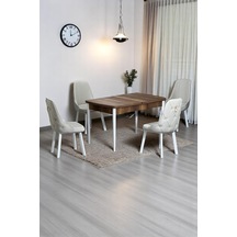 Monera Ceviz 80 x 132 Açılabilen Sunta Masa Metal Ayaklı Mutfak Masası Takımı 4 Krem Sandalye