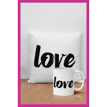 Love Detaylı Baskılı Dekoratif Hediyelik Yastık Ve Kupa Seti