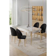Canisa Rada Serisi 80x132 Açılabilir Lak Panel Beyaz Mermer Desen Masa 4 Siyah Sandalye Gold Detay Masa Beyaz Mermer Desenli Sandalyeler Siyah