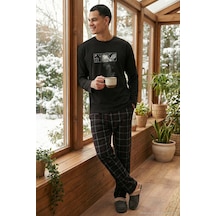 Buratti Ekoseli Pamuklu Regular Fit Yüksek Bel Bisiklet Yaka Erkek Pijama Takımı 6574000 Siyah