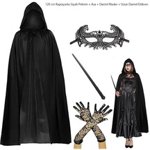 120 Cm Kapüşonlu Siyah Pelerin + Asa + Dantel Maske + Uzun Dantel Siyah Eldiven Kostüm Seti 5691