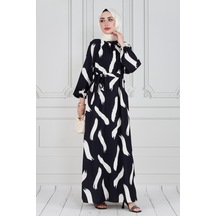Sevitli Fırça Desen Saten Tesettür Elbise-siyah-3594 - Beyaz