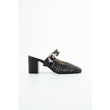Dericia Shoes Aveline Hakiki Deri Kadın Örgülü Kalın Topuklu Terlik Siyah