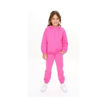 Toontoy Kids Toontoy Kız Çocuk 2'li Takım Kapüşonlu Yarım Fermuarlı Ribanalı Sweatshirt & Beli Paçası Lastikli Jogger Eşofman Altı - 2 İplik Fuşya