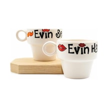 Evin Hanımı & Evin Beyi 2&apos Li Espresso Bardak Seti - Hediye Seramik Fincan Açık Ahşap