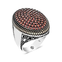 Gümüş Kırmızı Zirkon Taşlı Oval Erkek Yüzük (551185691)