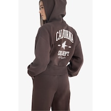 Defacto Coool Oversize Geniş Kalıp Kapüşonlu Sırt Baskılı Fermuarlı Sweatshirt E9583ax25wnbn258 Kahve