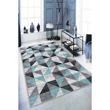 Turkuaz Geometrik Kaymaz Tabanlı Dekoratif Halı Pr08n11