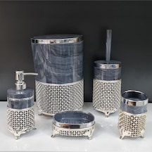 5 Parça Yuvarlak Akrilik Ferforje Banyo Seti Antrasit Gümüş Karo Desen Gri