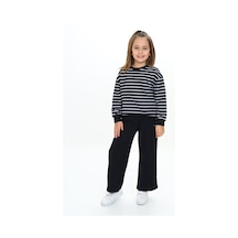 Toontoy Kids Toontoy Kız Çocuk 2'li Takım Çizgili Bisiklet Yaka Yırtmaçlı Sweatshirt & Beli Lastikli Bol Paça Eşofman Altı - 2 İplik Siyah