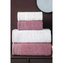 4'lü Hamam Takımı Banyo Havlu Seti 2 Adet 50x90 + 2 Adet 70x140 %100 Pamuk Yumuşak Havlu Gül Kurusu - Beyaz