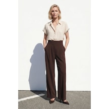 Sateen Kısa Kollu Aksesuarlı Gömlek - Bej-137540