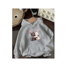 Herkesemoda Kedi Baskı Detaylı İçi Polarlı Kapüşonlu Sweatshirt Gri