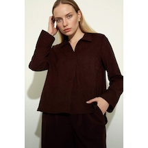 Defacto Relax Fit Gömlek Yaka Süet Uzun Kollu Bluz G8951ax26spbn328 Kahve-bn328
