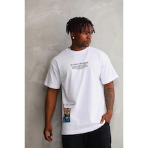 Barlashive Erkek Bisiklet Yaka Baskılı Oversize T-shirt - Beyaz Çok Renkli