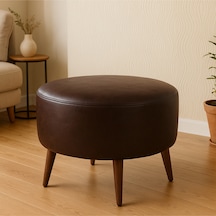 Azra Mobilya Acı Kahve Yuvarlak Deri Puf 60 Cm Çap, 46 Cm Yükseklik, Modern Ceviz Ayaklı Kahverengi
