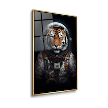 Astronot Kıyafetli Kaplan Portresi Gold Çerçeveli Cam Tablo