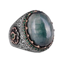 Yapılmış Taş Yüzük - 925 Ayar Gümüş El Yapımı Yüzük - Yapılmış Cabochon Zümrüt Yüzük Gümüş