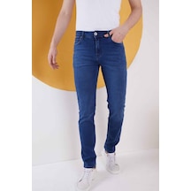 Erkek Mavi Düz Regular Fit Likralı Düz Paça Kot Pantolon Mavi