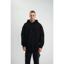 Double Oversize Kapşonlu Nakışlı Sweatshirt - Siyah Siyah