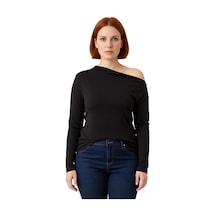 Ersefa Kadın Ekru Viskon Ribana Basic Bluz Asimetrik Yaka Cool & Comfort siyah