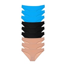 9 Adet Set Likralı Kadın Slip Külot Siyah Ten Mavi