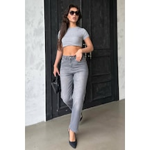 Gri Yüksek Bel Kadın Mom Fit Pantolon Mg2389