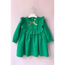 Fırfır Ve Kurdele Detaylı Tasarım Yeşil Kız Çocuk Bebek Elbise 001