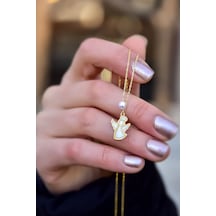 925 Ayar Gümüş Gold Kaplama Parlayan Rüya Serisi Tasarım Incili Beyaz Ebruli Cam Boyalı Melek Kolye