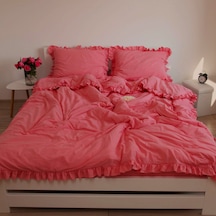 Maki Home %100 Pamuklu Fırfırlı Fuşya 200x220+2 50x70 Çift Kişilik Nevresim Ve Yastık Kılıfı Seti Fuşya