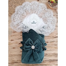 Yenidoğan Saray Kadife Taç Nakışlı İnci Fiyonklu Dantel Duvak Trilüks Kundak Bebek Battaniye Yeşil Yeşil