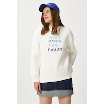 Kadın Amor Nakışlı Ekru Mavi Sweatshirt Beyaz - Mavi