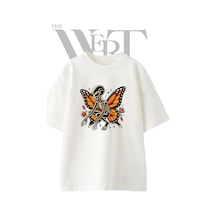 Thewert Alien Butterfly Skeleton Tasarım Baskılı Ünisex Beyaz Oversize T-shirt