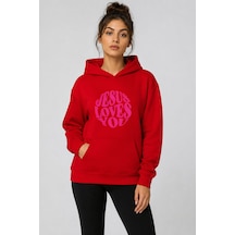 Herkesemoda Jesus Love Baskılı Kapüşonlu 2 İplik Şardonlu Sweatshirt Kırmızı